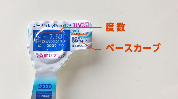 Pureうるおいプラスの度数・ベースカーブ記載例の解説画像